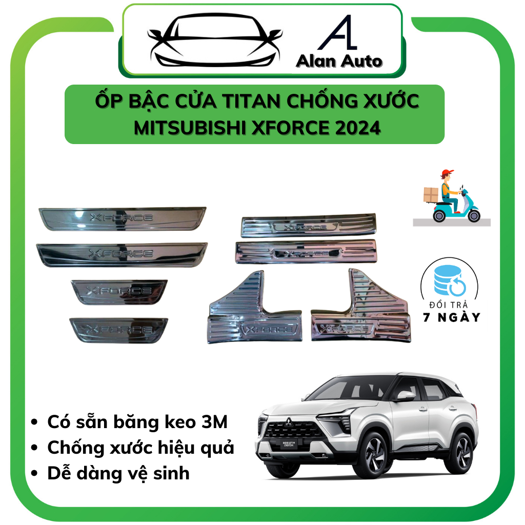 Ốp bậc cửa xe Mitsubishi Xforce 2024, Nẹp bước chân Chất liệu Titan cao cấp. Bộ 8 miếng chống xước cửa