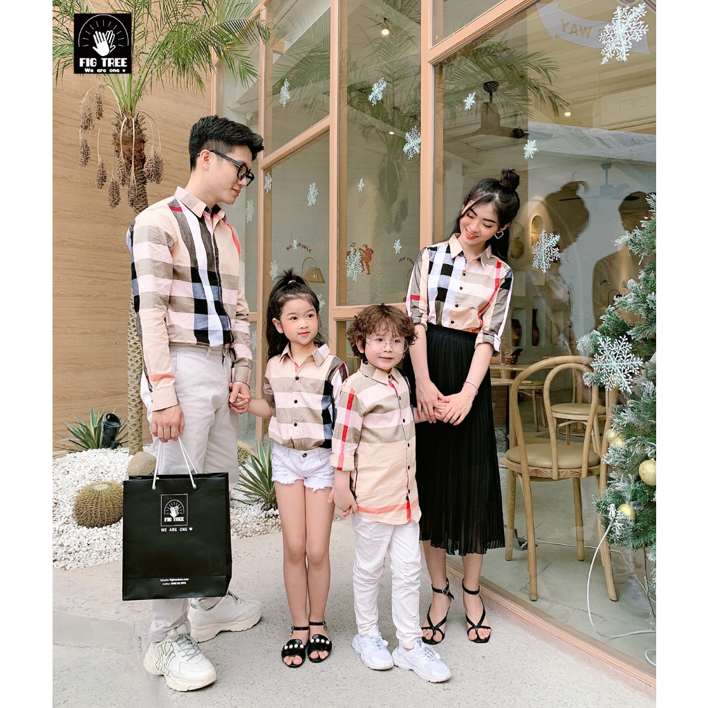 Set Áo Sơ Mi Gia Đình Fig Tree Caro Màu Kem Đen Trắng( chất cotton mềm mát -full size từ 7kg -100kg)