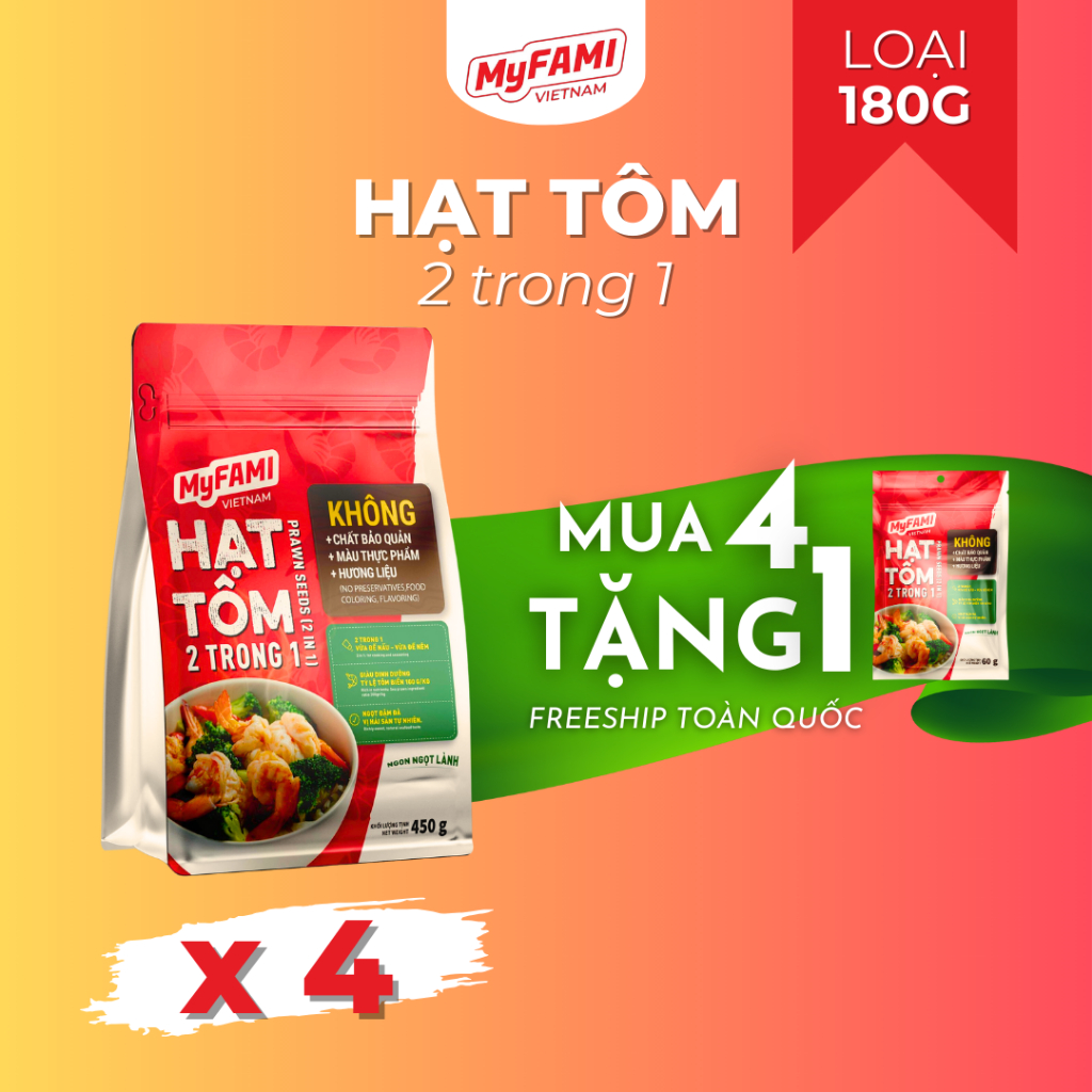 [TẶNG 1 GÓI 60G]Combo 4 gói 180G Hạt Tôm MyFAMI 10% thịt tôm gia vị để nấu & nêm KHÔNG chất bảo quản