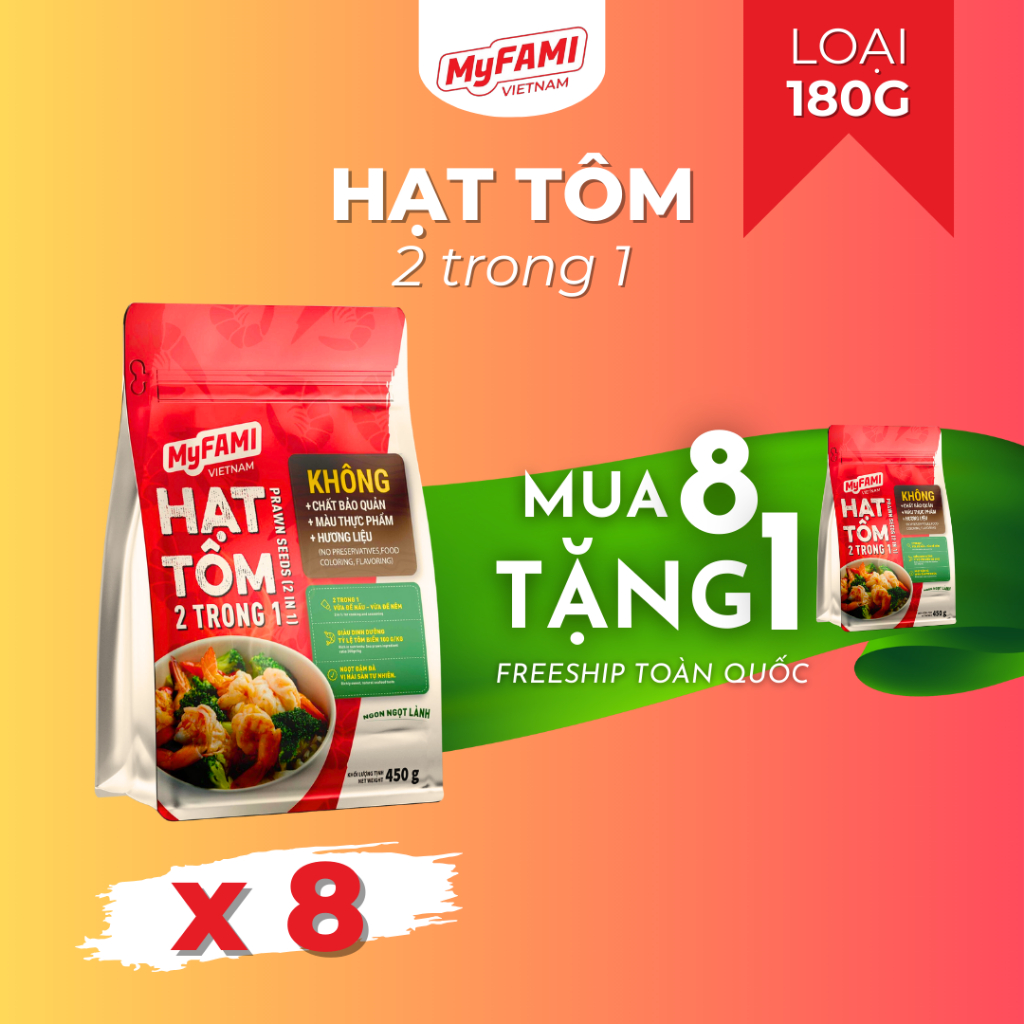[TẶNG 1 GÓI] Combo 8 gói Gia Vị Nấu Ăn loại 180G Hạt Tôm nêm nếm MyFAMI 10% thịt tôm biển