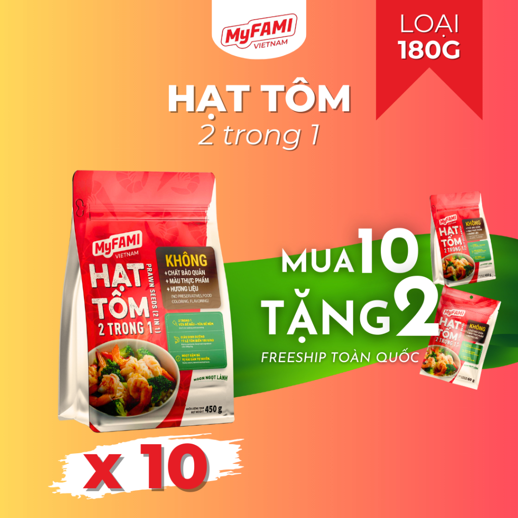 [TẶNG 2 GÓI] Combo 10 gói Gia Vị Nấu Ăn loại 180G Hạt Tôm MyFAMI 10% thịt tôm biển gia vị