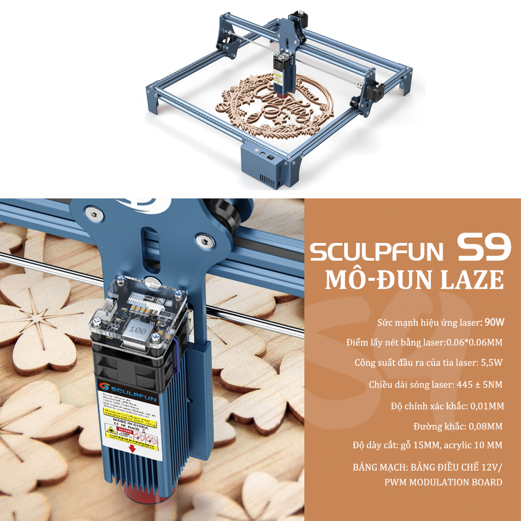 Máy Khắc Laser Mini SCULPFUN S9 – Máy Cắt Laser Mini 410x420mm Khắc Nhựa,Gỗ,Acrylic,Da,Thép Không Gỉ