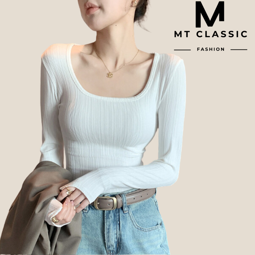 (Hỏa tốc HCM) -  Áo thun tay dài cổ vuông ôm body có size từ 40 -60kg, chất gân thái sang mịn - MT CLASSIC