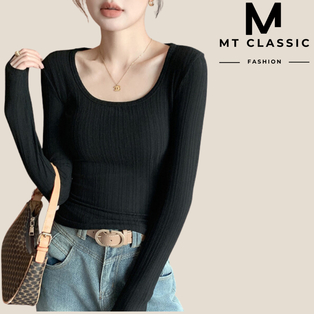 (Hỏa tốc HCM) -  Áo thun tay dài cổ vuông ôm body có size từ 40 -60kg, chất gân thái sang mịn - MT CLASSIC