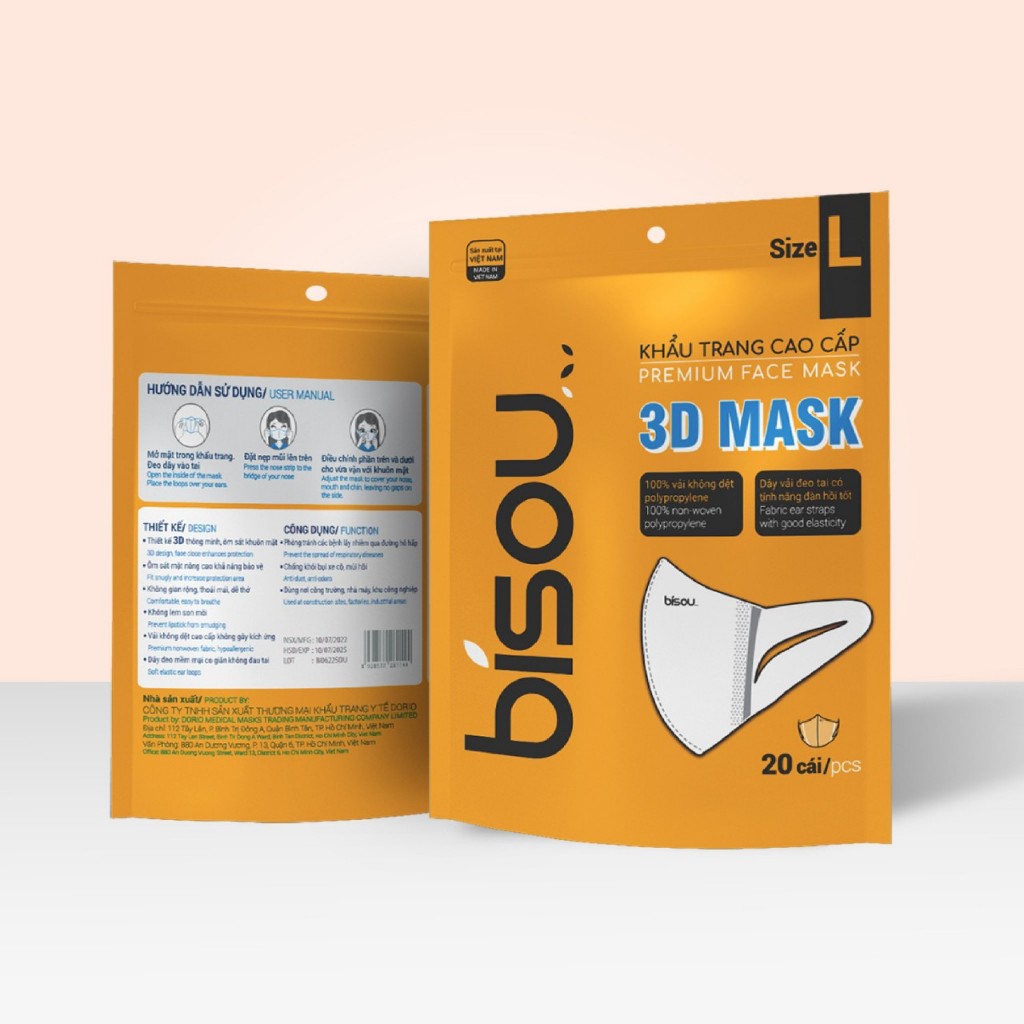 Túi 20 cái khẩu trang cao cấp 3D dây vải size L hiệu BISOU