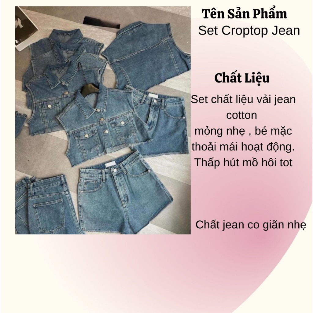 Sét bộ jean áo croptop quần đùi cho bé chất vải co giãn phù hợp cho mẹ và bé size 15-55kg