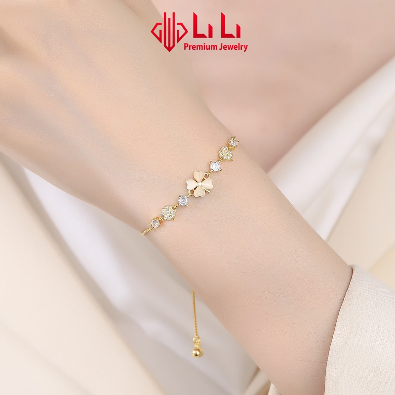 Lắc tay bạc nữ LiLi S925 đính đá CZ cao cấp dạng dây rút hình cỏ 4 lá may mắn Amina LILI_115896
