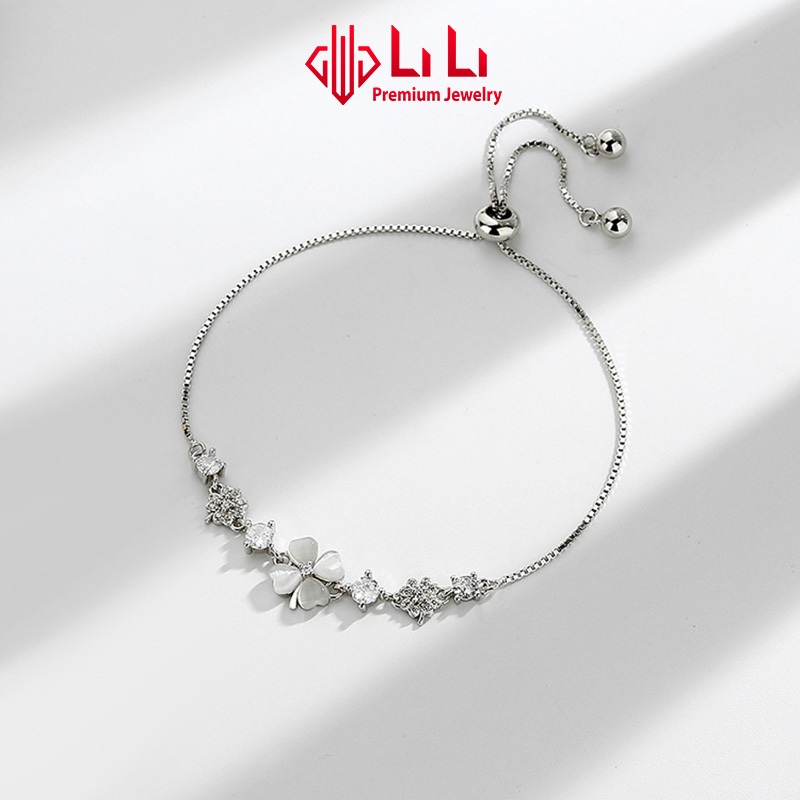 Lắc tay bạc nữ LiLi S925 đính đá CZ cao cấp dạng dây rút hình cỏ 4 lá may mắn Amina LILI_115896