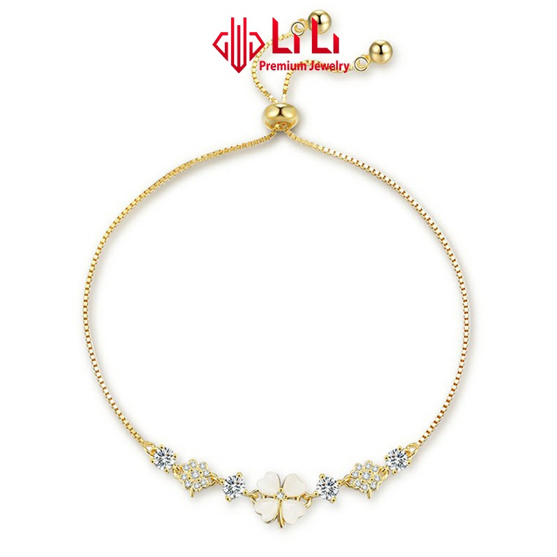 Lắc tay bạc nữ LiLi S925 đính đá CZ cao cấp dạng dây rút hình cỏ 4 lá may mắn Amina LILI_115896