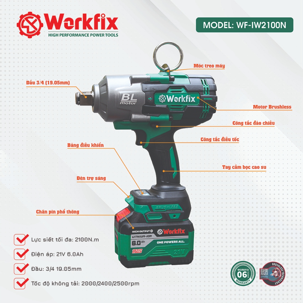 Máy Siết Bulong Workfix WF-IW2100PRO 2100Nm siêu khỏe, máy siết ốc đầu 3/4  15CELL mở vặn ốc xe tải, ô Tô