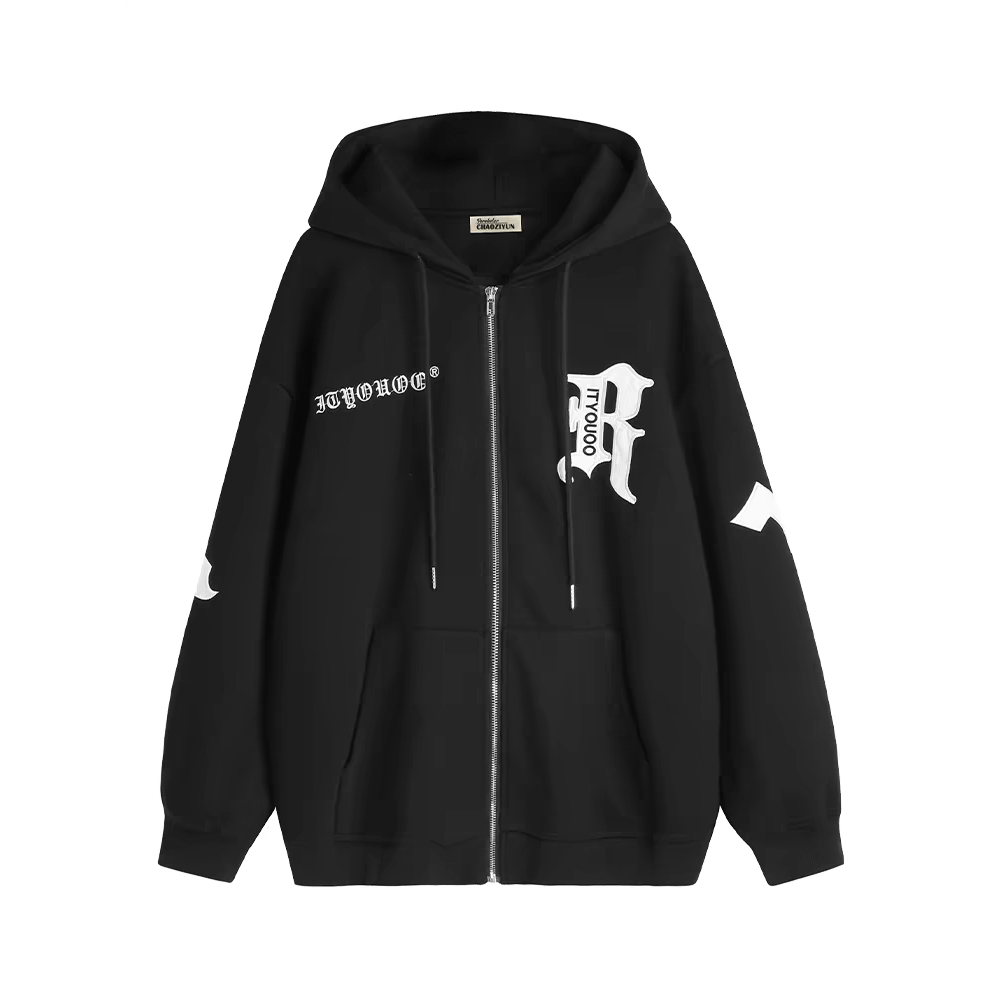 Áo khoác hoodie dây kéo chất liệu nỉ bông họa tiết chữ r from rộng họa ...