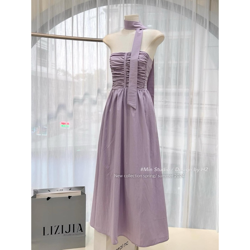 Váy maxi dập li đi biển cổ yếm nữ chất liệu voan tơ cao cấp đi du lịch đi chơi