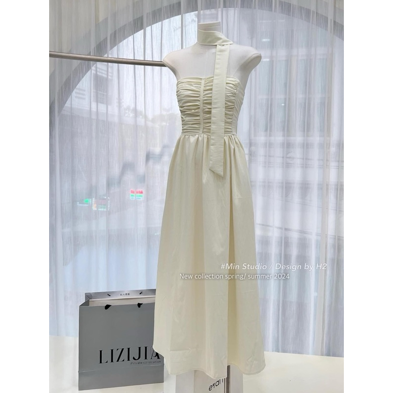 Váy maxi dập li đi biển cổ yếm nữ chất liệu voan tơ cao cấp đi du lịch đi chơi