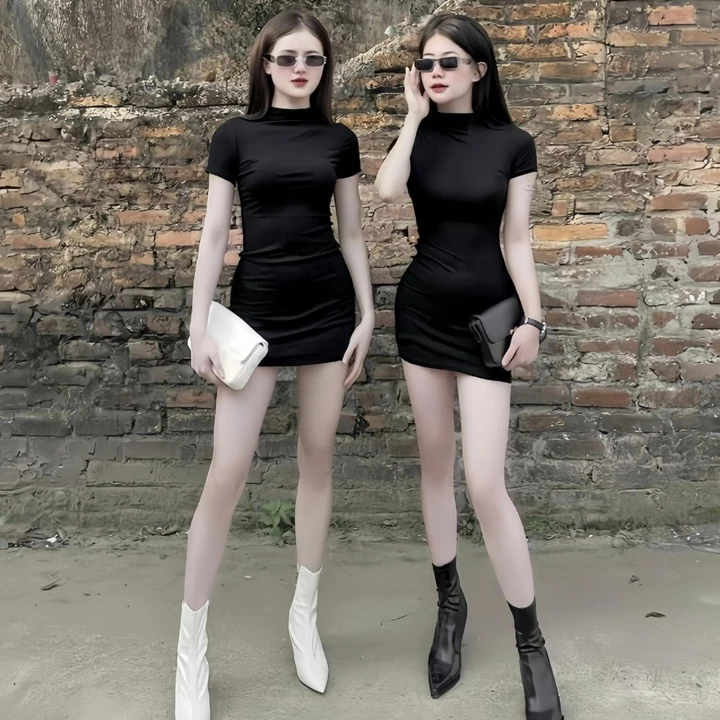đầm body dáng ôm cổ 3 phân tay ngắn,váy tăm cổ 3cm dáng ôm body tôn dáng chất thun tăm co giãn V661 SUTANO
