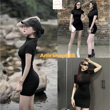 Váy body cộc tay dáng ngắn cổ ,đầm ôm baisic thời trang nữ đầm body dáng ngắn sexy Ulzzang ANIESHOP688