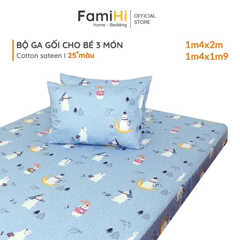 Bộ ga gối 1m4x2m 1m4x1m9 cho bé gái bé trai Cotton Satin FamiHi cao cấp, họa tiết trẻ em đẹp 100% cotton sợi tự nhiên. — ảnh 1