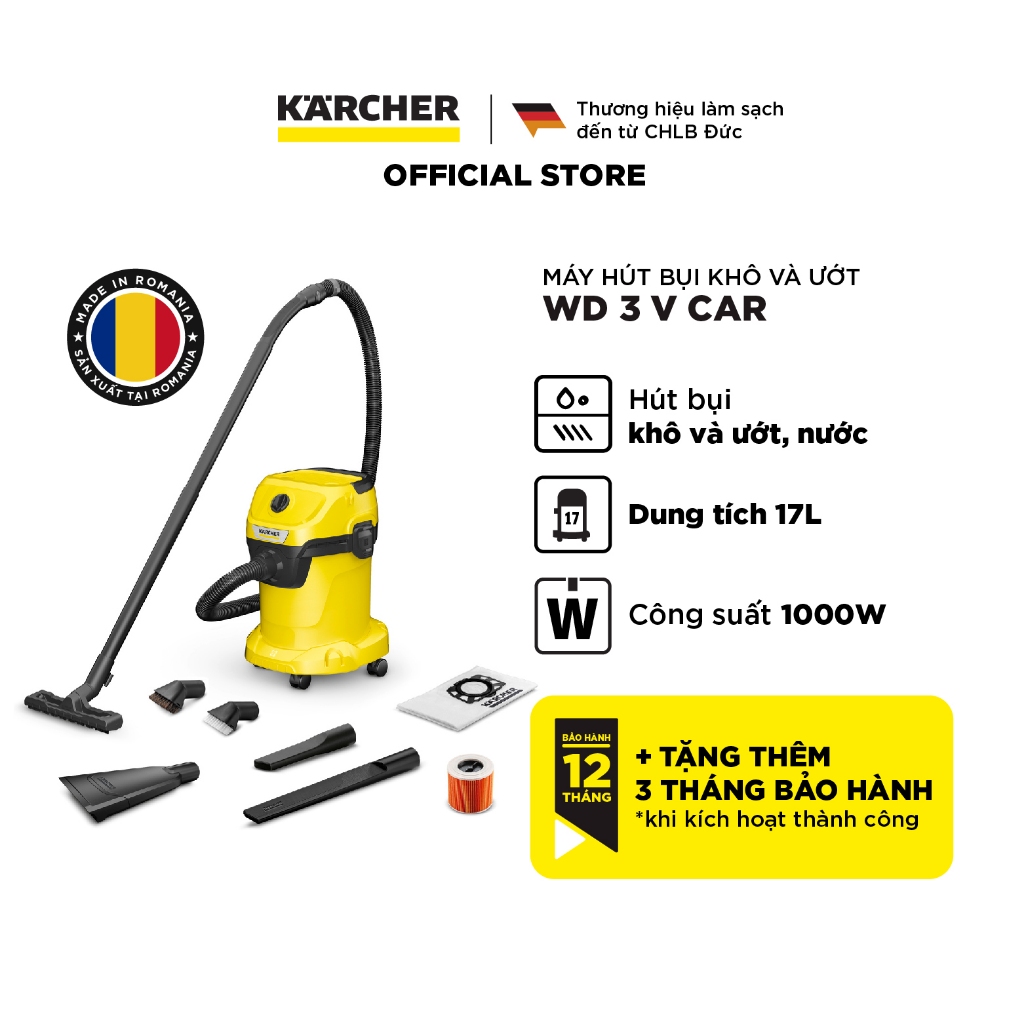Ảnh Máy hút bụi đa năng khô và ướt Karcher WD 3 V Car - Công suất 1000W - Dùng cho gia đình và ô tô 2