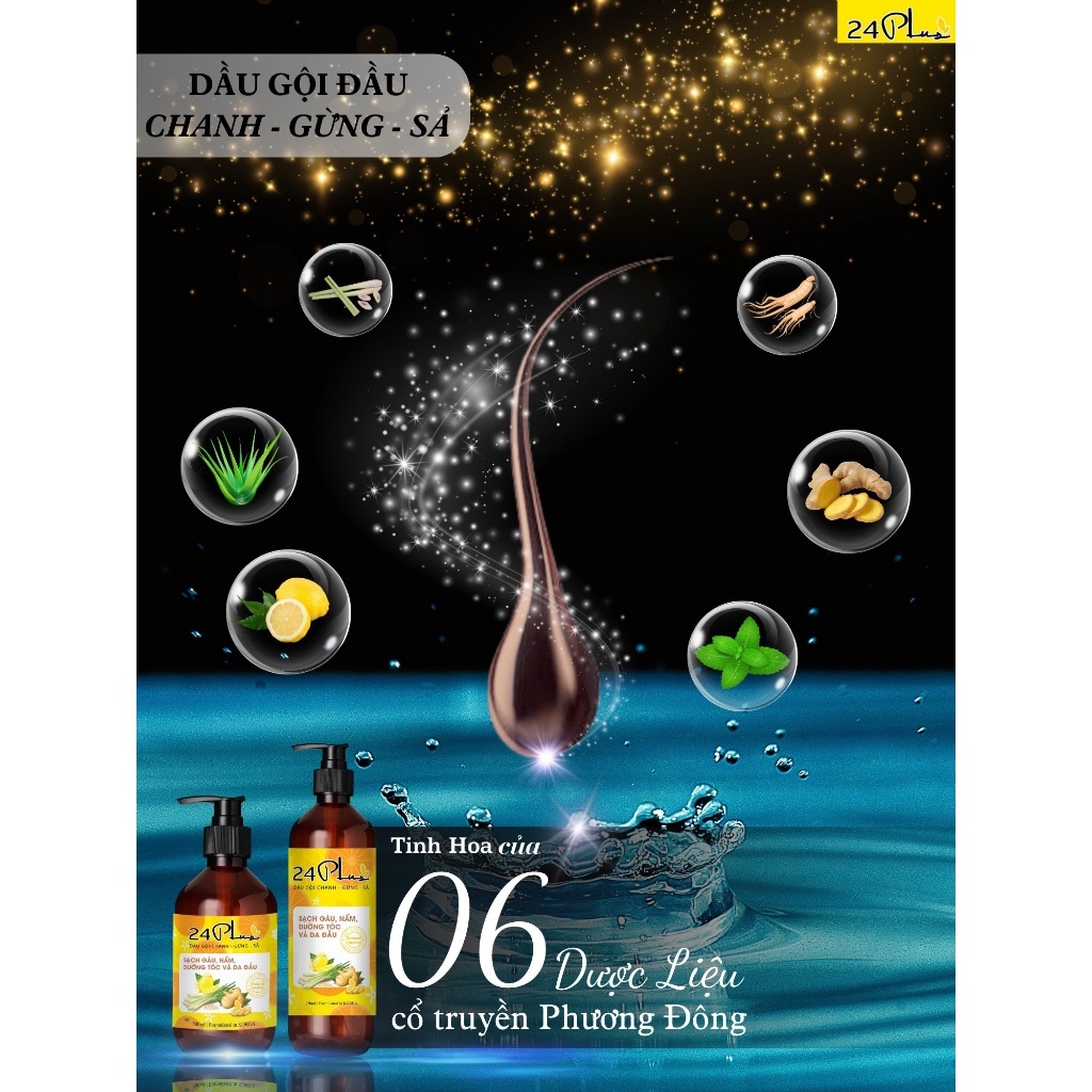 Dầu Gội Tinh Dầu Bưởi .Chanh.Gừng,Xả  24Plus Ngăn Ngừa Rụng Tóc.250/500ml (Dược Mỹ Phẩm Thuần Chay)