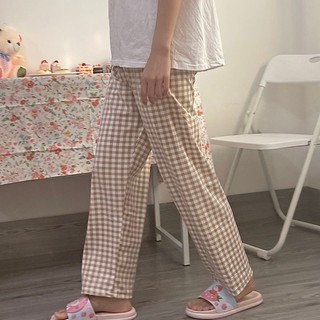 Quần Dài Kẻ Caro Nâu Cạp Chun Dáng Rộng Xinh Xắn Dành Cho Nữ