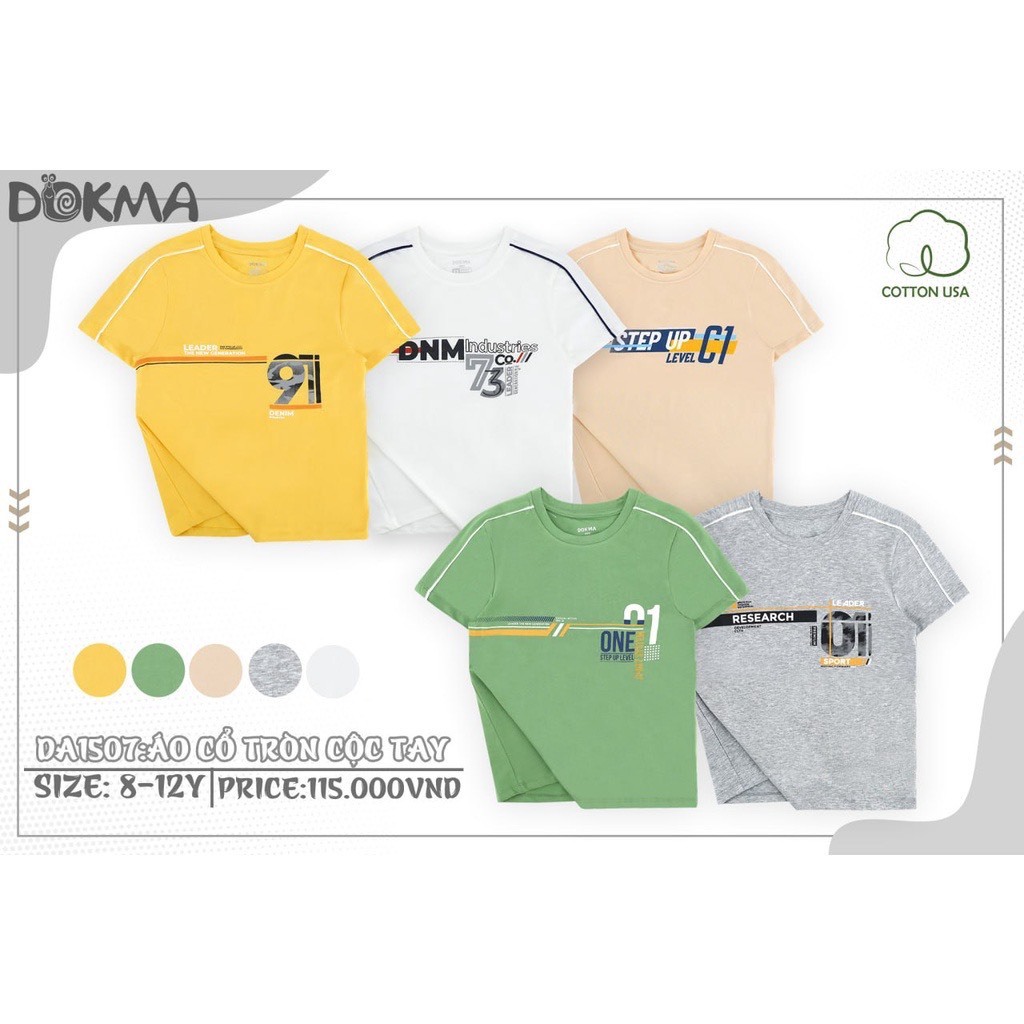 (25-42kg, 8-12Y) Áo Cộc Tay Cổ Tròn Cotton Bé Trai Dokma DA1555 DA2108 DA1507 DA1584 DA2869 DA2873