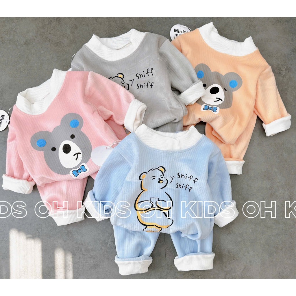 Bộ nỉ nhung cho bé trai bé gái từ 6-17kg, bộ nỉ thu đông hình gấu TH02