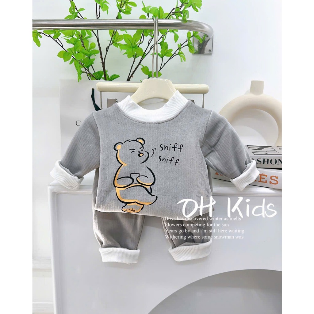 Bộ nỉ nhung cho bé trai bé gái từ 6-17kg, bộ nỉ thu đông hình gấu TH02