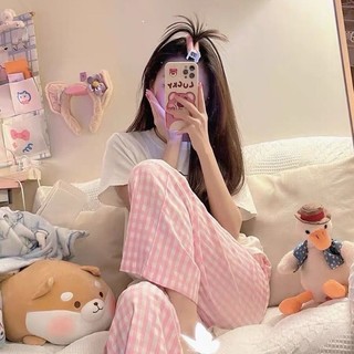 Quần Dài Kẻ Caro Hồng Cạp Chun Cao Dáng Rộng Xinh Xắn Dành Cho Nữ