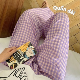 Quần Dài Kẻ Caro Tím Cạp Chun Cao Dáng Rộng Xinh Xắn Dành Cho Nữ