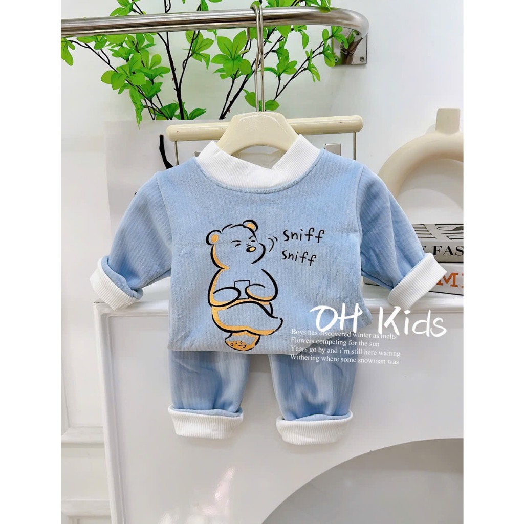 Bộ nỉ nhung cho bé trai bé gái từ 6-17kg, bộ nỉ thu đông hình gấu TH02