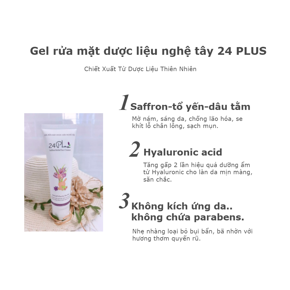 Gel Rửa Mặt Nhụy Hoa Nghệ Tây Saffron 24Plus 100ml (Dược mỹ phẩm thuần Chay)