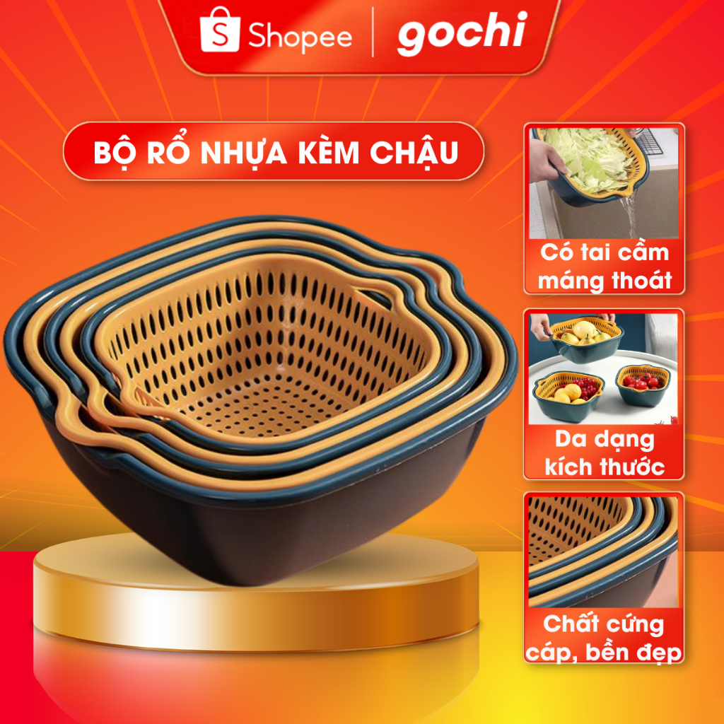 Combo Bộ Rổ Nhựa Rửa Rau Củ Vuông 6 Món Kèm Chậu Ráo Nước Hai Lớp Cao ...