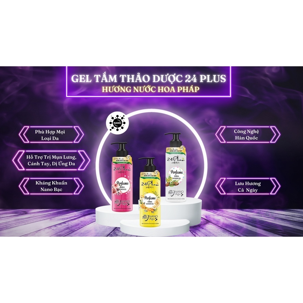 Gel tắm thảo dược hương nước hoa Pháp Vàng 24Plus 850ml