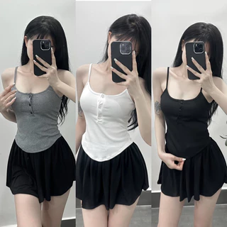 Áo Hai Dây Trơn Phối Nút Thun Gân Dáng Ôm Phong Cách Thoải Mái YUMI BÁN SỈ