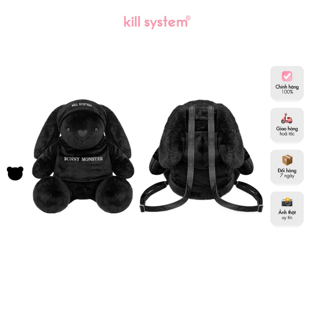 Balo gấu bông Bunny Monster hình thỏ màu đen dây quai da Kill System ...