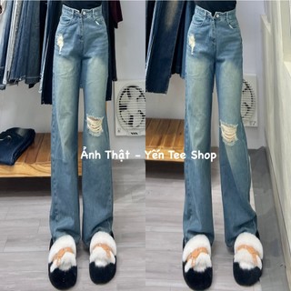 Quần jeans ống xuông rêu nhạt xước 1 gối Yến Tee Shop #0681