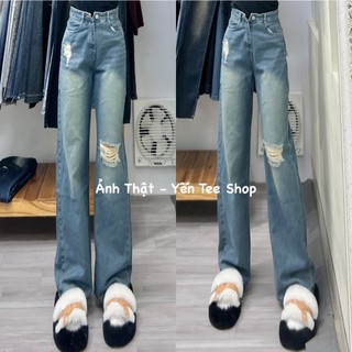 Quần jeans ống xuông rêu nhạt xước 1 gối Yến Tee Shop #0681