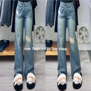 Quần jeans ống xuông rêu nhạt xước 1 gối Yến Tee Shop #0681