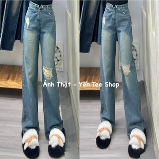 Quần jeans ống xuông rêu nhạt xước 1 gối Yến Tee Shop #0681
