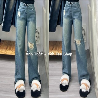Quần jeans ống xuông rêu nhạt xước 1 gối Yến Tee Shop #0681
