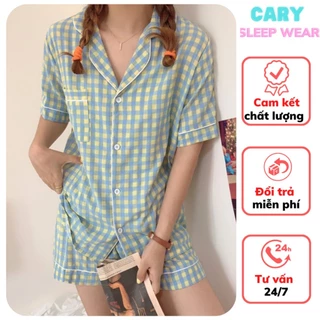 Bộ ngủ pijama tay cộc quần đùi họa tiết kẻ caro mặc nhà siêu xinh CARY