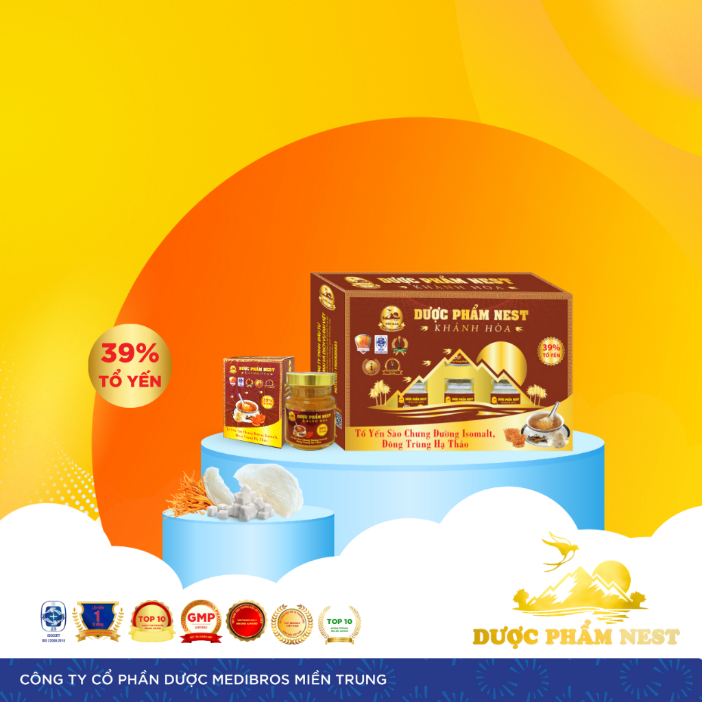 Set Yến Sào Dược Phẩm Nest Khánh Hòa hộp 6 lọ x 70 ml. 39% Tổ Yến Chưng Đường Isomalt, Đông Trùng Hạ Thảo