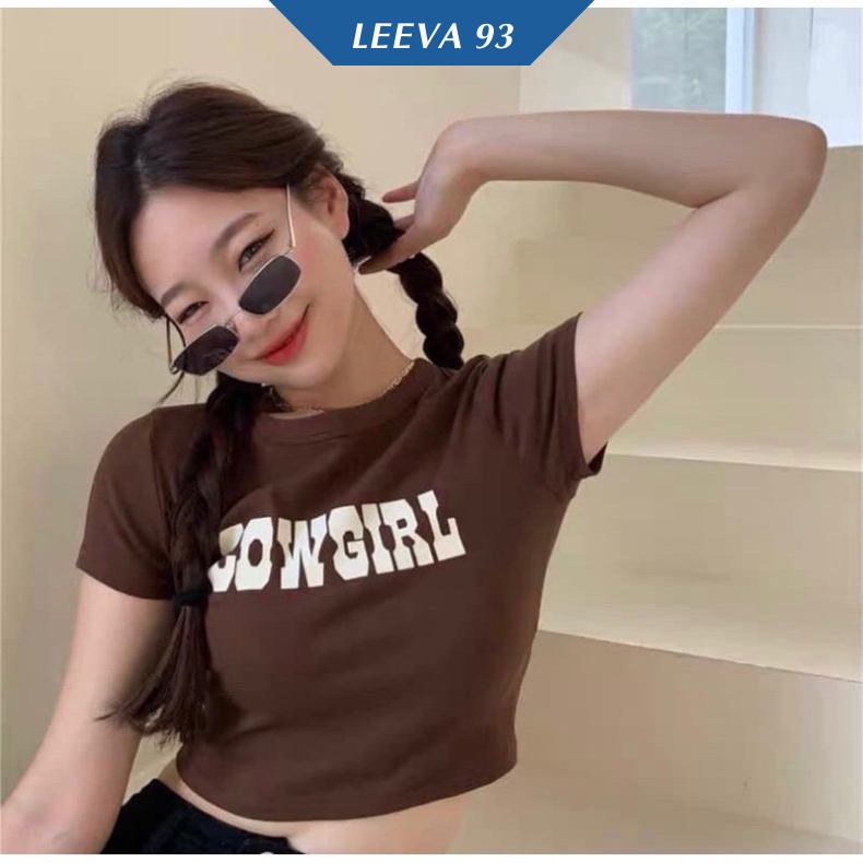 Áo thun nữ dáng ngắn, áo  croprop cổ tròn, tay ngắn, im chữ cowgirl  phong cách retro dành cho nữ - 385