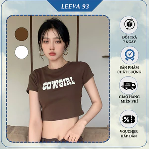 Áo thun nữ dáng ngắn, áo croprop cổ tròn, tay ngắn, im chữ cowgirl phong cách retro dành cho nữ - 385