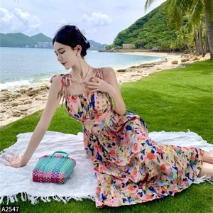 Đầm maxi 2 dây hoa hồng cho các nàng đi du lịch A2547