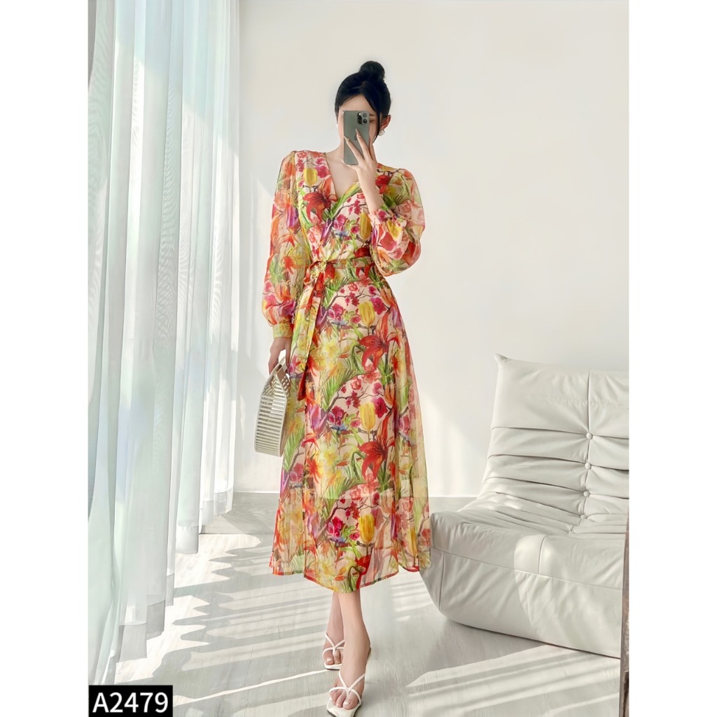 Đầm maxi tơ họa tiết mới cho các nàng đi chơi, du lịch mới nhất năm nay A2479