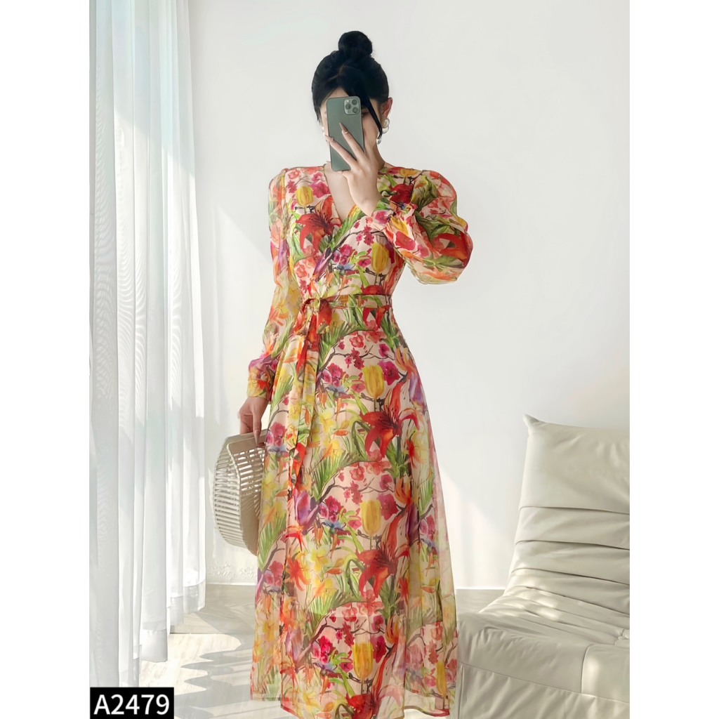 Đầm maxi tơ họa tiết mới cho các nàng đi chơi, du lịch mới nhất năm nay A2479