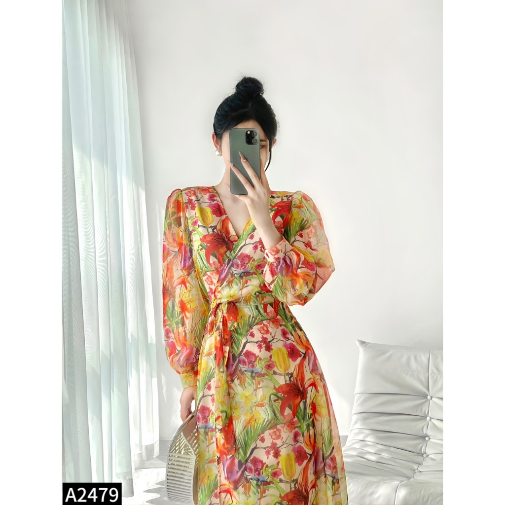 Đầm maxi tơ họa tiết mới cho các nàng đi chơi, du lịch mới nhất năm nay A2479