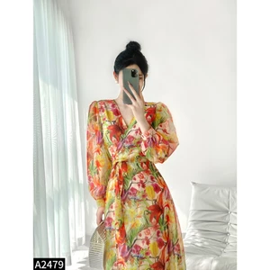 Đầm maxi tơ họa tiết mới cho các nàng đi chơi, du lịch mới nhất năm nay A2479