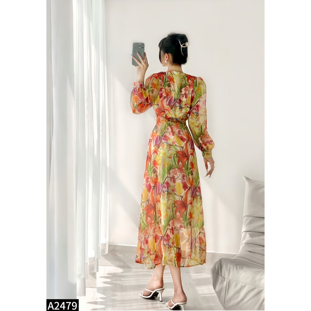 Đầm maxi tơ họa tiết mới cho các nàng đi chơi, du lịch mới nhất năm nay A2479