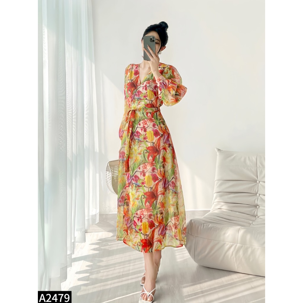 Đầm maxi tơ họa tiết mới cho các nàng đi chơi, du lịch mới nhất năm nay A2479